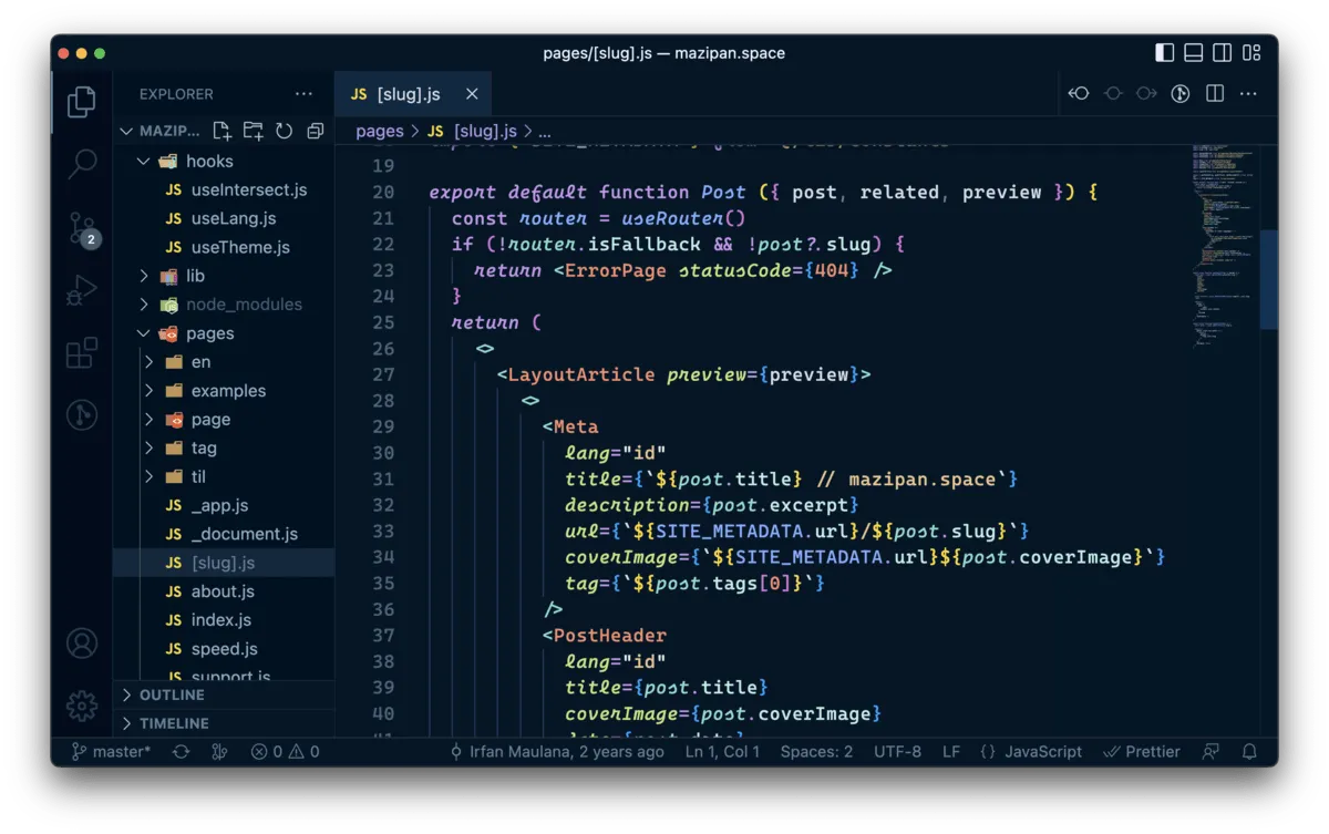 Preview VSCode dengan tema Night Owl dan font Cascadia Code